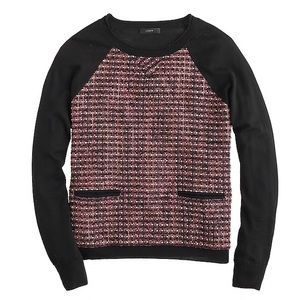 J. Crew tweed-front baseball sweater (black/pink)